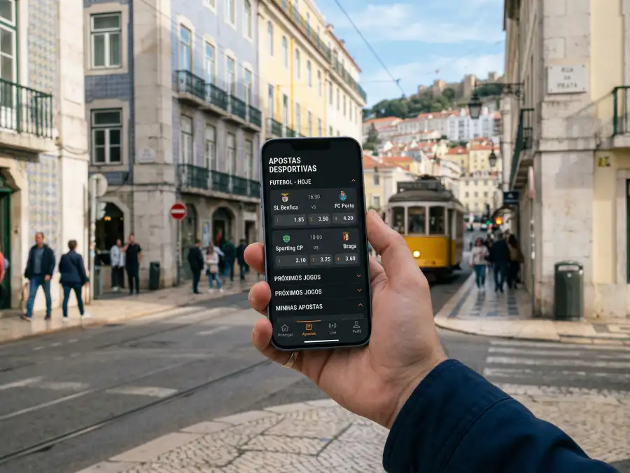 Mão a segurar smartphone moderno com ecrã aceso mostrando interface de apostas desportivas