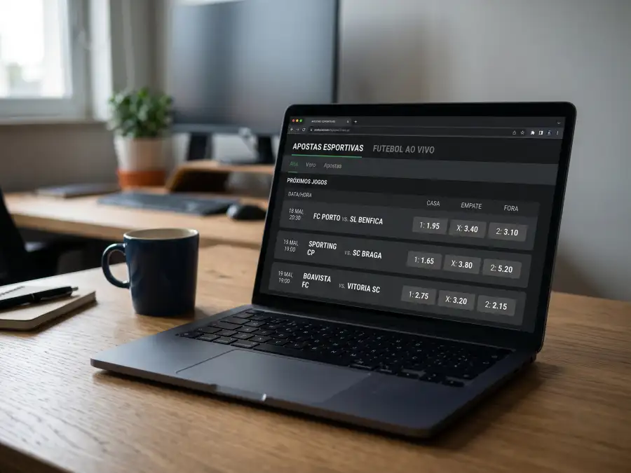 Ecrã de computador portátil aberto a mostrar plataforma de apostas online com tabela de odds