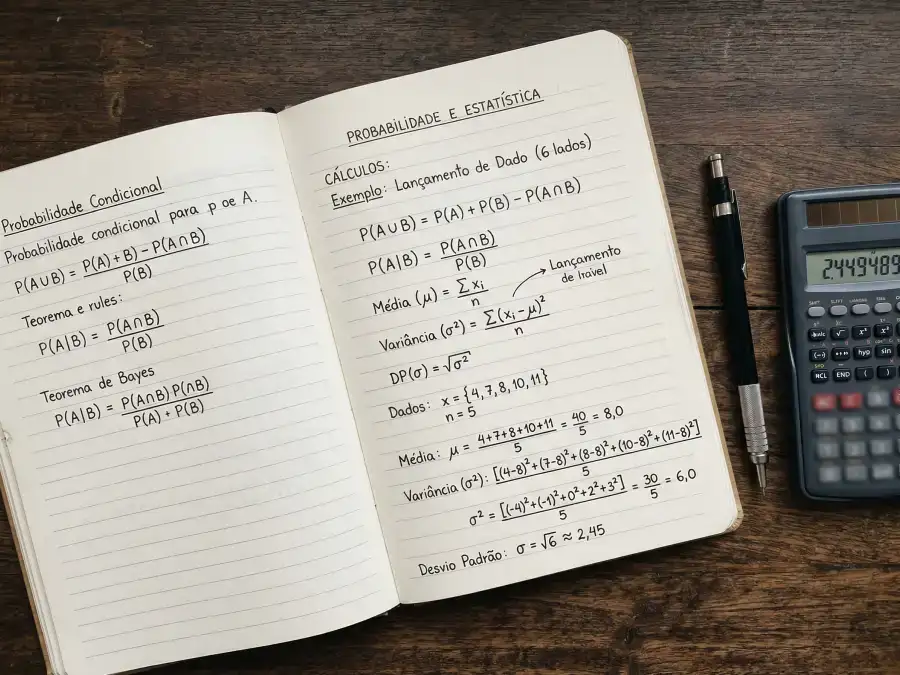 Mesa de trabalho com caderno de notas aberto com fórmulas matemáticas e caneta, sem calculadora