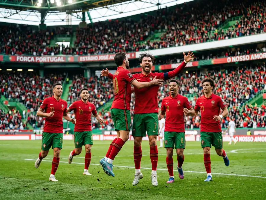 Atletas portugueses de futebol a celebrar em campo de futebol com equipamento desportivo