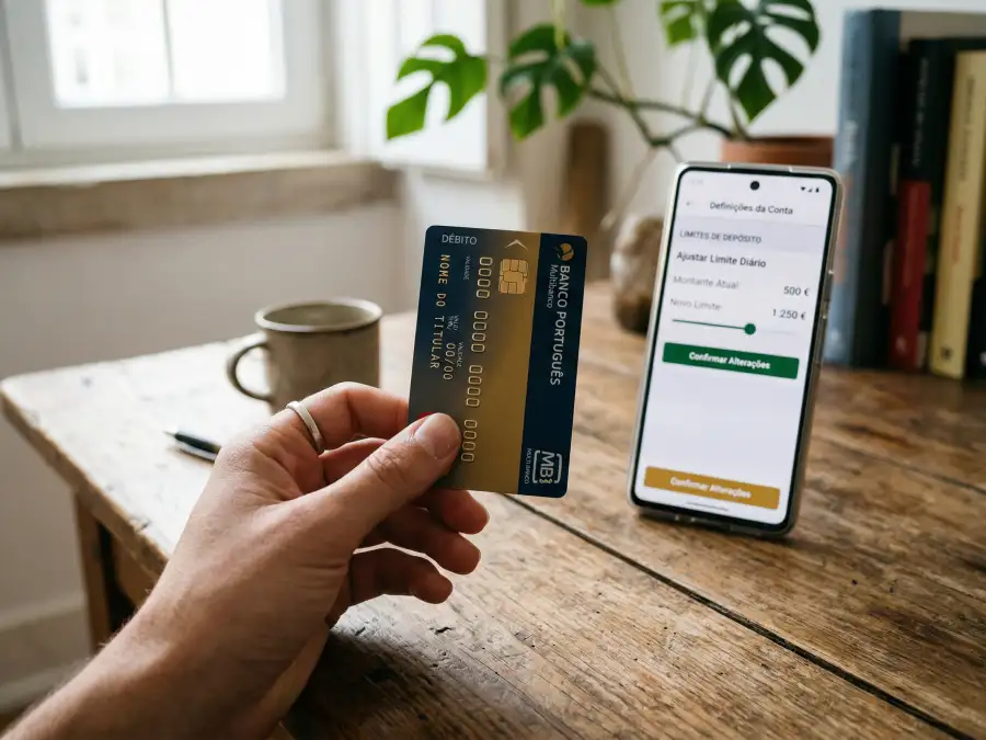 Mão a segurar cartão bancário sobre mesa com ecrã de telemóvel mostrando aplicação financeira